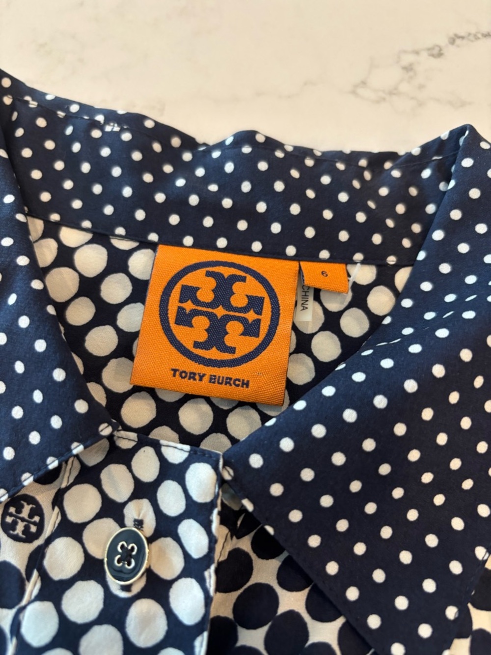 Tory Burch Navy and White Polka Dot Button-Up Blouse - Picture 3 of 8